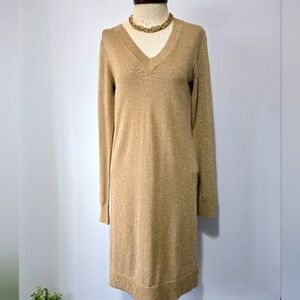 Michael Kors Lightweight Metallic Gold Knit V Neck Midi Dress. Size Small